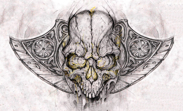 Handgezeichnete Bleistiftskizze eines Sch&auml;del mit keltischen Fl&uuml;geln. Hochwertiger grafischer Scan mit gelben Farbakzenten, perfekt f&uuml;r Tattoo-Ideen, Kunstdrucke und Fantasy-Designs. 