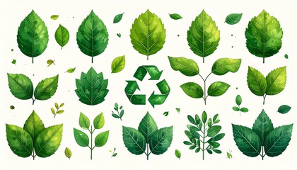 Many green leaves and a recycle symbol on white perfect for ecofriendly promotions, sustainable living campaigns, or recycling concepts. Ecological theme with green leaves and recycling symbol for eco
