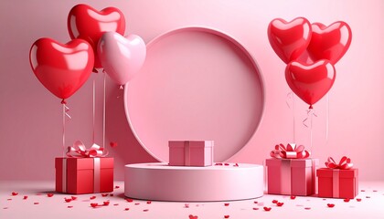 Happy valentines day podium decoration with heart shape balloon, gift box, confetti, 3D rendering illustration concept