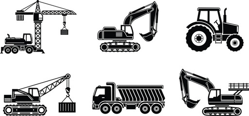 Construction machinery silhouettes illustration, mobile tower crane, excavator, tractor, crawler crane, dump truck, heavy equipment, industrial tools, site work © Ayejoddin