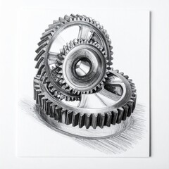 Pencil drawing of interlocking gears, detailed and shaded on white