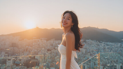 Beautiful Korean woman in stylish dress, slim figure, smiling warmly, exuding elegance, charm, and modern fashion in a vibrant and flattering pose.
