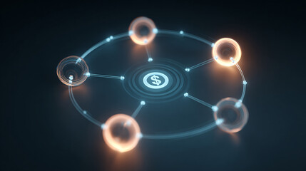 Digital financial network with interconnected nodes and a central dollar symbol.