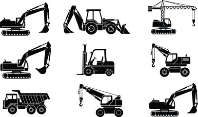 Construction vehicle silhouettes, excavator, crane, forklift, dump truck, backhoe loader, heavy machinery, industrial equipment, grid layout, black vector, side view © Ayejoddin