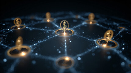 Digital network representing global financial transactions and currency exchange.