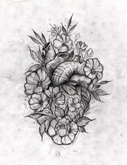 Hand-drawn pencil sketch of an anatomical heart with blooming flowers. High-quality graphic scan, perfect for tattoo ideas, art prints, and apparel design. Detailed manual artwork.