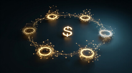 Digital financial concepts represented with glowing interconnected rings and dollar sign.