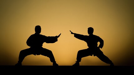 martial. Two martial artists in dynamic poses silhouetted against a dramatic sunset gradient background. inspiring travel planning.