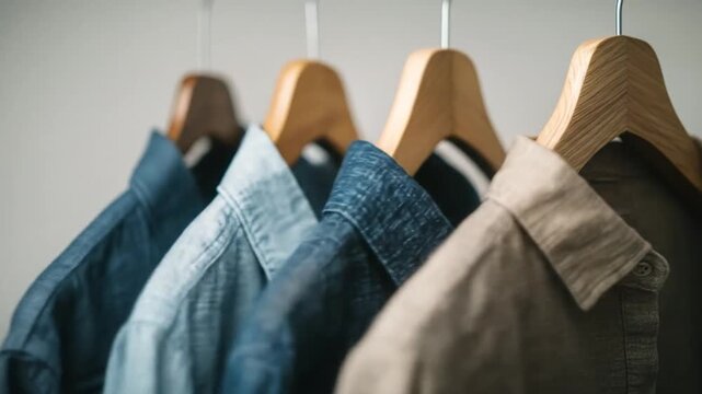 Four collared shirts in varying shades of blue and tan hang on wooden hangers