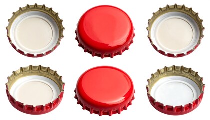 Six bottle closures are presented against a white backdrop. Two are top-down red, while others display the gold inner rim