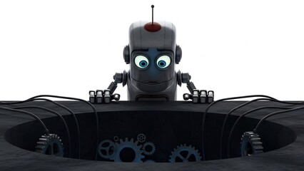 Robot looks down intently into a dark hole actually