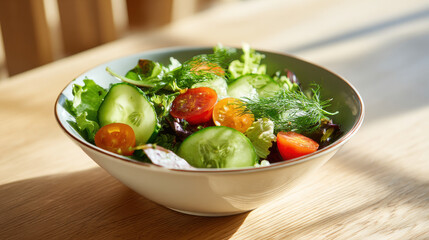 Fresh Garden Salad Bowl. A vibrant bowl of fresh garden salad featuring crisp lettuce, sliced cucumbers, and juicy cherry tomatoes, perfect for a healthy meal