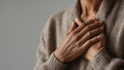 Mindful Breathing Practice with Hands Clasped on Chest Against Light Background for Mental Well Being
Calm Mental Wellness Moment Showing Hands on Chest During Mindful Breathing in Neutral Space