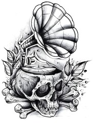 Schizzo a matita fatto a mano di un teschio surreale con un grammofono e foglie. Scansione grafica di alta qualit&agrave; per idee tatuaggio, stampe d'arte e design. Opera manuale dettagliata.
