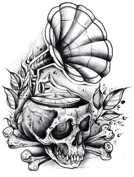 Schizzo a matita fatto a mano di un teschio surreale con un grammofono e foglie. Scansione grafica di alta qualit&agrave; per idee tatuaggio, stampe d'arte e design. Opera manuale dettagliata.