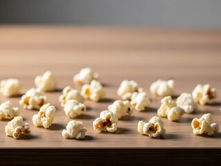 Scattered Popcorn Pieces on a Smooth Wooden Table Surface