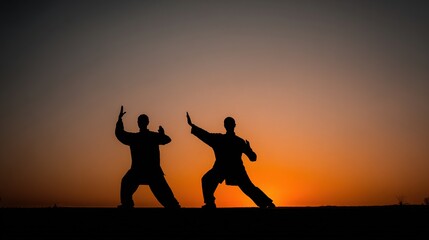 martial. Two martial artists in dynamic poses silhouetted against a dramatic sunset gradient background. inspiring travel planning.