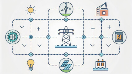 Smart grid renewable network. Smart energy grid illustration with solar, wind, and hydroelectric power sources