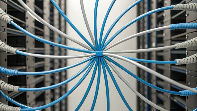 Smart grid renewable network. Network cables radiate from central point in server room, creating symmetrical pattern - Powered by Adobe