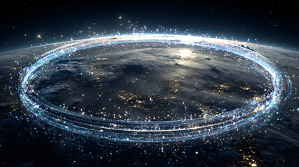 Earth from space encircled by glowing, luminous rings in a cosmic scene.
