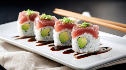 Delicious tuna and avocado sushi rolls artfully arranged on a white plate with soy sauce. Four expertly prepared sushi rolls featuring fresh tuna and creamy avocado are presented on clean white dish
