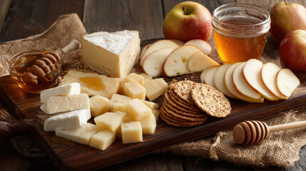 Gourmet cheese board with apples, honey, and crackers for a delicious snack. A rustic wooden board displays an assortment of cheeses, sliced apples, a jar of golden honey, and crunchy crackers