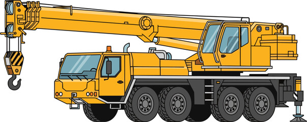 Mobile crane illustration, telescopic boom, truck mounted chassis, lifting hook, heavy machinery, construction equipment, industrial vehicle, engineering tool © Ayejoddin