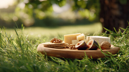 Gourmet cheese board with figs and nuts served outdoors on a wooden platter. A delightful assortment of cheeses, crackers, fresh figs, and walnuts arranged on a wooden board