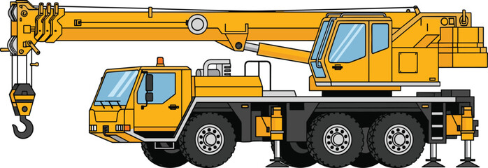 Mobile crane illustration, truck mounted heavy machinery, extendable boom, lifting hook, construction equipment, industrial vehicle, engineering tool, site work © Ayejoddin