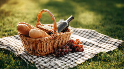 Wicker picnic basket filled with fresh bread, grapes, wine on checkered blanket. Delightful spread of crusty bread, ripe grapes, bottle of wine awaits perfect outdoor picnic experience on sunny day