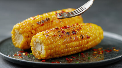Delicious grilled corn on the cob with chili flakes and butter being drizzled. Close-up of two juicy grilled corn cobs seasoned with chili flakes and butter, ready to be enjoyed as a flavorful snack