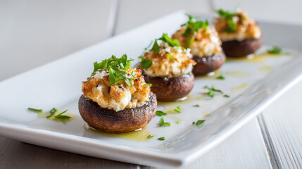 Gourmet stuffed mushrooms appetizer with creamy filling and fresh parsley garnish. Deliciously prepared mushroom caps filled with a savory mixture, drizzled with oil and sprinkled with herbs