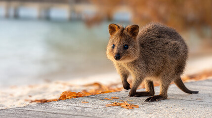 Adorable quokka smiles on a sunny day near the water with autumn leaves