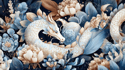 White dragon entwined with blooming flowers celestial orb in traditional art style. Mystical dragon gracefully coils amidst of stylized peonies lotus flowers, evoking sense of ancient Asian mythology