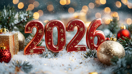 Festive 2026 numbers New Year decoration in snow, surrounded by pine branches, ornaments, and warm holiday lights.