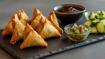 Crispy golden samosas served with refreshing cucumber salad and dipping sauces. A platter of delicious, deep-fried samosas accompanied by a vibrant green chutney, dark dipping sauce, sliced cucumbers