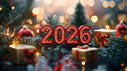 Festive 2026 numbers New Year decoration in snow, surrounded by pine branches, ornaments, and warm holiday lights.