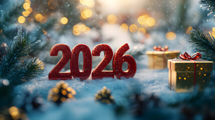 Festive 2026 numbers New Year decoration in snow, surrounded by pine branches, ornaments, and warm holiday lights.