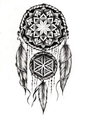 Hand-drawn pencil sketch of a mandala dreamcatcher with feathers. High-quality graphic scan, perfect for tattoo ideas, art prints, and apparel design. Detailed manual sacred geometry artwork.