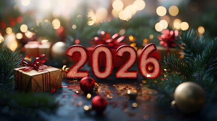 Festive 2026 numbers New Year decoration in snow, surrounded by pine branches, ornaments, and warm holiday lights.