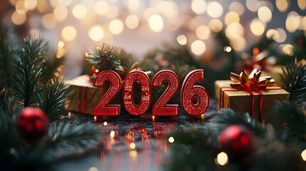 Festive 2026 numbers New Year decoration in snow, surrounded by pine branches, ornaments, and warm holiday lights.
