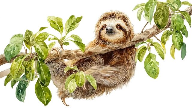 A cuddly sloth clings to a tree branch with green leaves, against a plain white backdrop softly lit