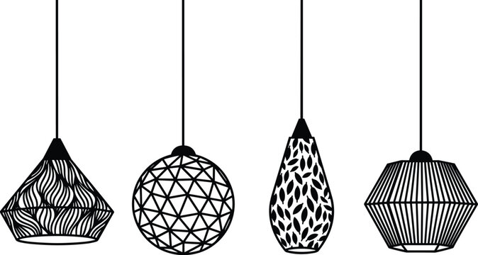 Hanging lamps vector design set with decorative lampshades isolated on background.
