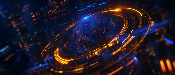 Futuristic digital globe with glowing data rings and city lights in the background.