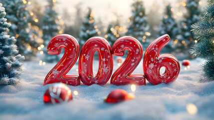 Festive 2026 numbers New Year decoration in snow, surrounded by pine branches, ornaments, and warm holiday lights.