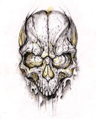 Hand-drawn pencil sketch of a detailed skull with artistic shading. High-quality graphic scan, perfect for tattoo ideas, art prints, and dark aesthetic designs. Manual artwork.