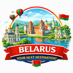 Traditional architecture and countryside of Belarus with lake and food
