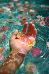 Female hand submerged in clear blue water with floating colorful flower petals for spa wellness and natural skincare advertisement concept