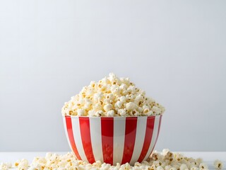 Classic cinema popcorn in a red and white striped bucket on white