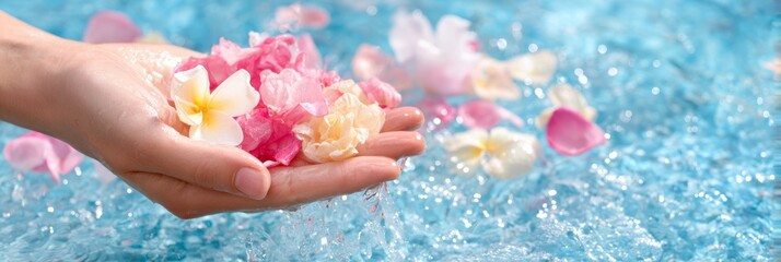 Panoramic view of female hand with exotic pink and white flowers in blue splashing water for spa resort and luxury skincare marketing